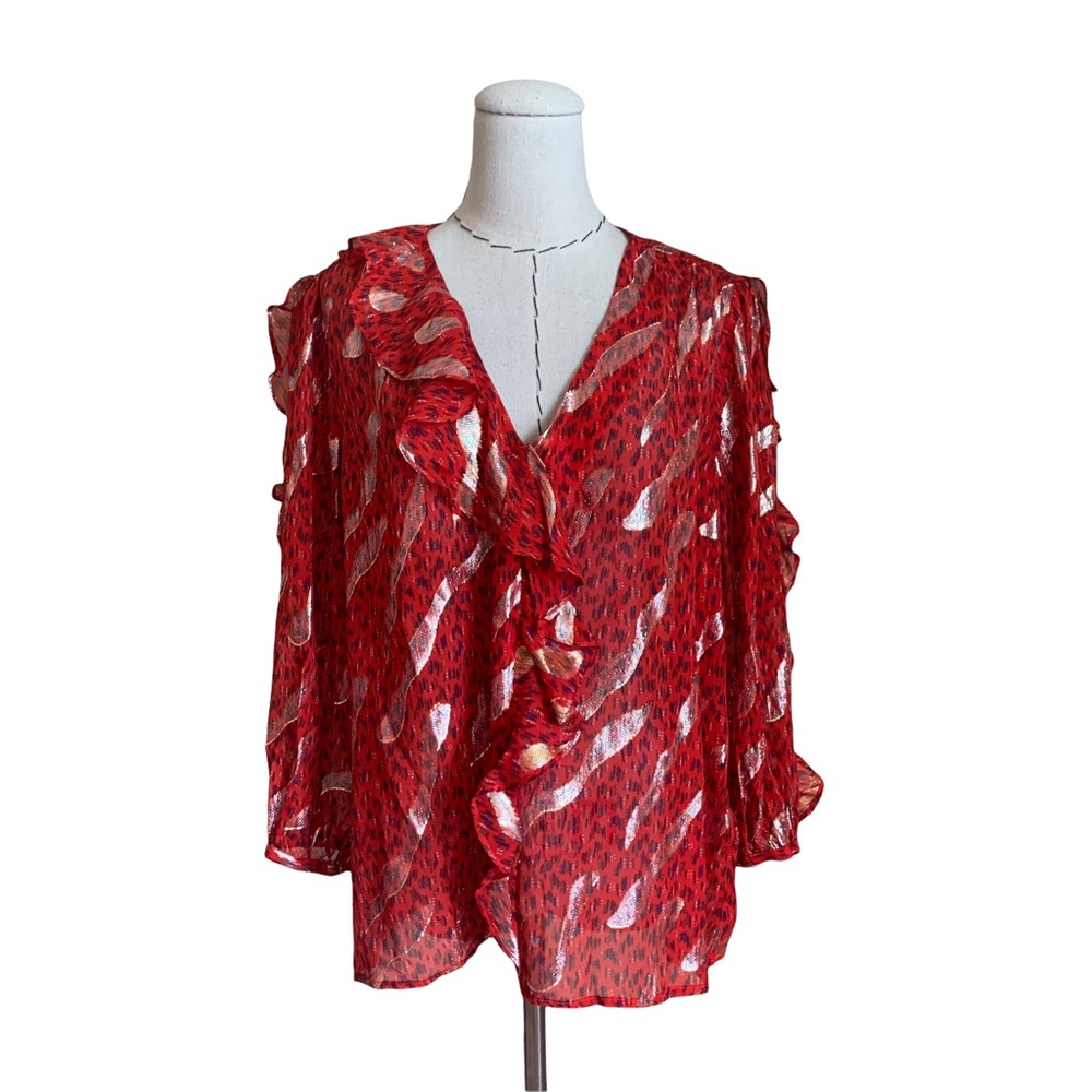 BA&SH Silk Heidi Blouse Ruffle Glam Rich Red & Gold Disco Freis 80s sz Large